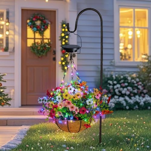 Solar Lighted Fake Flowers Basket for Outdoor Decor