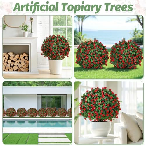 Artificial Red Topiary Ball Trees 2 Pack UV Resistant