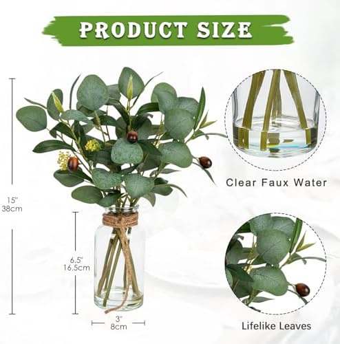 Briful Artificial Eucalyptus Stems in Glass Vase with Faux Water