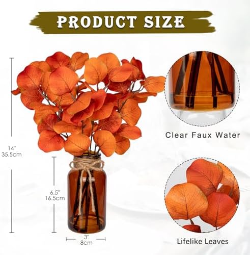 Briful Artificial Eucalyptus in Amber Glass Vase with Faux Water 14 Inch