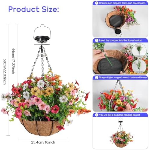 Solar Lighted Fake Flowers Basket for Outdoor Decor
