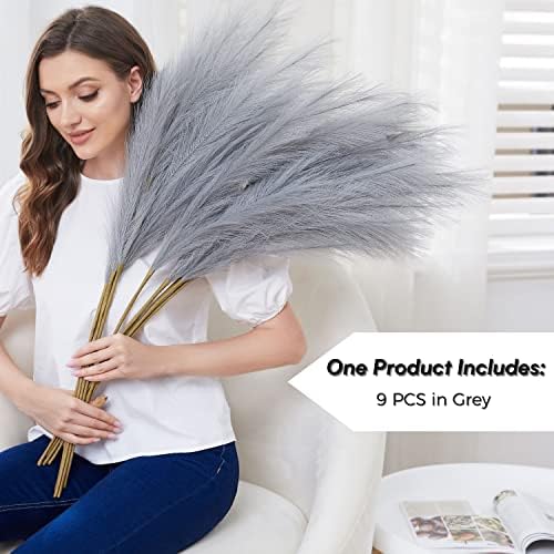 Faux Pampas Grass 9 Stem Set 37 Tall Grey