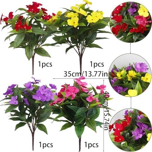 4 Pcs Artificial Impatiens Flowers for Outdoor Decor