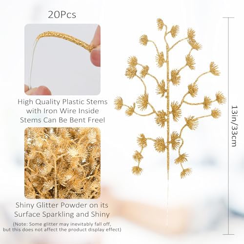 RECUTMS 20 Pack Glitter Artificial Christmas Branches