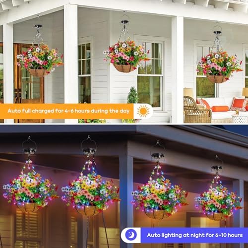 Solar Lighted Fake Flowers Basket for Outdoor Decor
