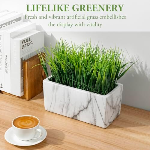 MyGift 10 Inch Artificial Green Grass in White Marble Ceramic Planter