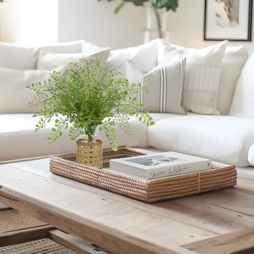 Faux Greenery Stems Artificial Fern Plant in Glass Vase with Woven Cover