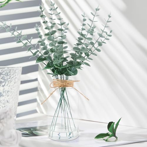 Lovmeety Artificial Eucalyptus Stems with Faux Water in Glass Vase
