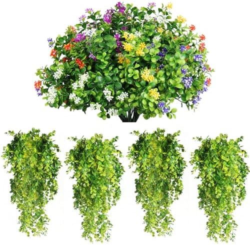 RECUTMS Artificial Shrubs Fern Leaves 4 Pack Fake Hanging Plants