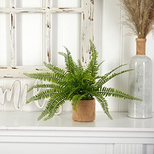 Nearly Natural Boston Fern with Burlap Planter Set of 2