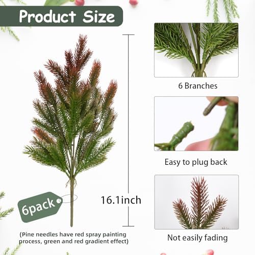 Red Artificial Pine Branches 6Pcs 165In Christmas Decor