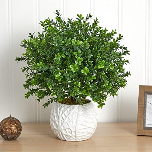 Nearly Natural Boxwood Evergreen Artificial Plant in White Vase