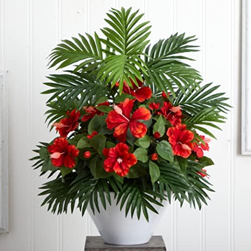 Nearly Natural Hibiscus and Areca Palm Artificial Plant in White Bowl 1