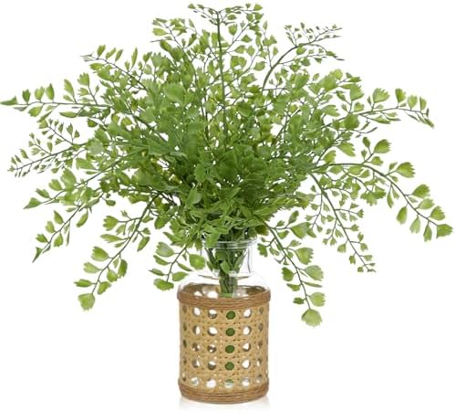 Faux Greenery Stems Artificial Fern Plant in Glass Vase with Woven Cover