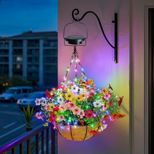 Solar Lighted Fake Flowers Basket for Outdoor Decor