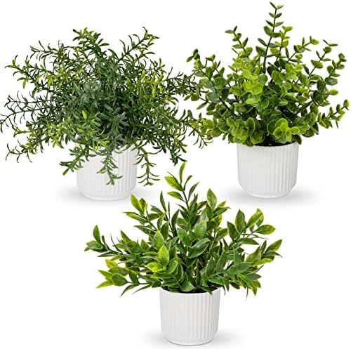 Hollyone 3 Pack Artificial Potted Plants Eucalyptus Rosemary ZZ Plant