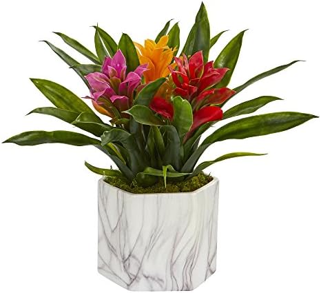 Nearly Natural Artificial Bromeliad Vase with Marble Finish