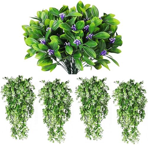 RECUTMS Artificial Shrubs and Faux Fern Leaves 4 Pack Fake Hanging Plants