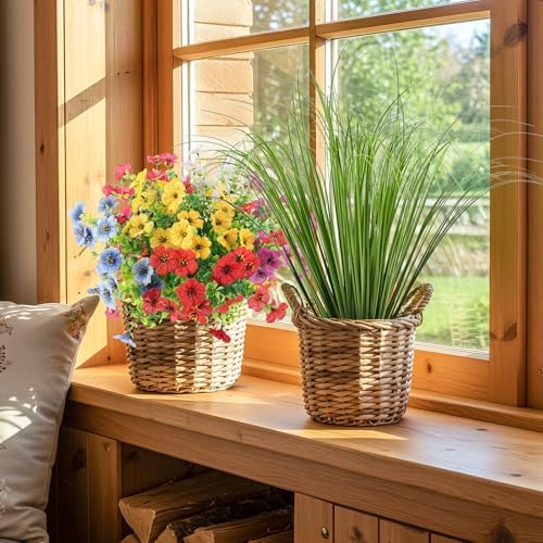 6PCS Artificial Flowers with Fake Grass Outdoor Decor Set