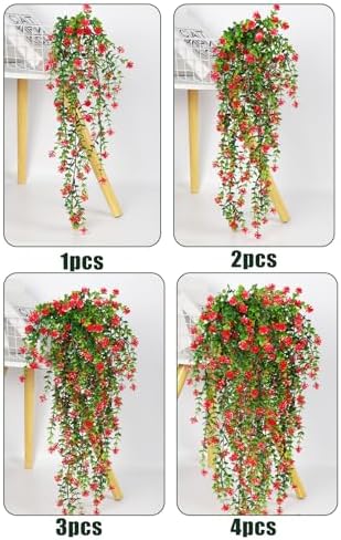 SJL Artificial Hanging Plants 4pcs Red Fake Fern Ivy Decor