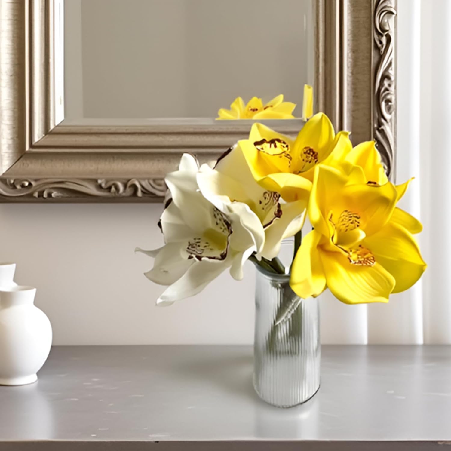 8Pcs Real Touch Artificial Orchids Bouquet Set White and Yellow