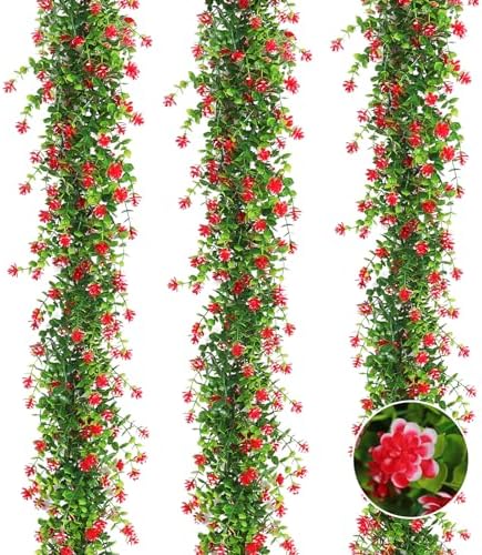 RECUTMS Artificial Eucalyptus Garland 3 Pack Red
