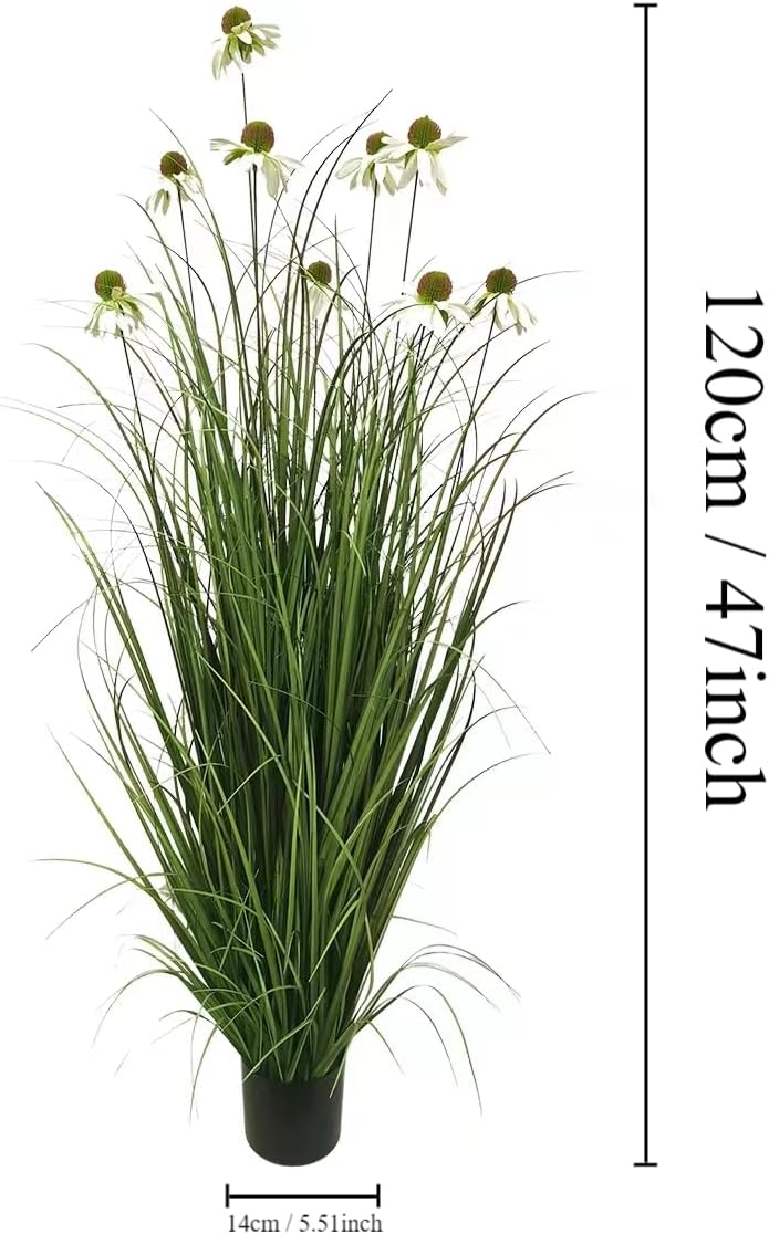 46-Inch Artificial Tall Grass Plant with 9 White Echinacea Flowers