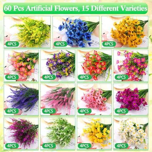 60 Bundles Artificial Flowers 15 Styles UV Resistant