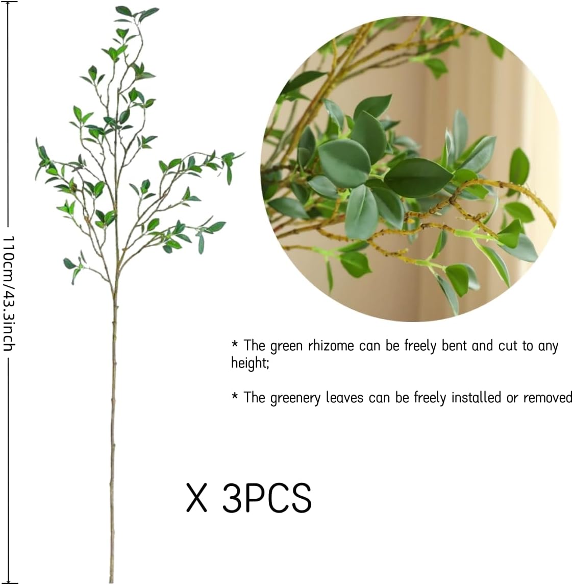 3PCS Artificial Ficus Plant Branches 433 Inch Vase Decor