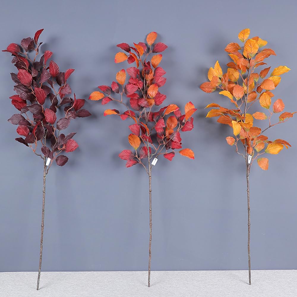2Pcs Artificial Fall Beech Leaves Stem Red