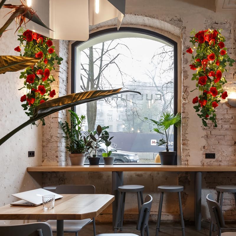 RECUTMS Artificial Hanging Rose with Realistic Fern Leaves
