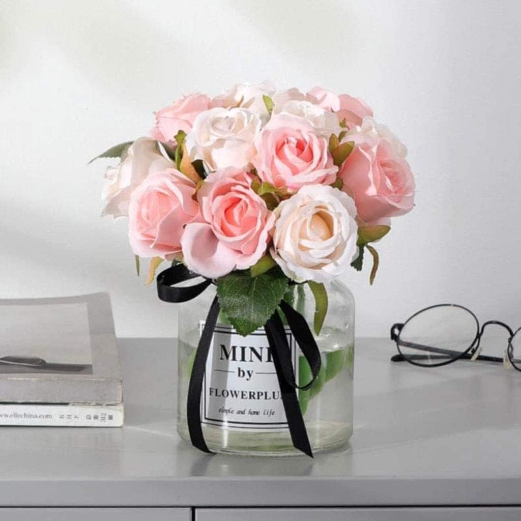 Gerrit Artificial Rose Flowers 12 Heads Silk Bouquet in Vase