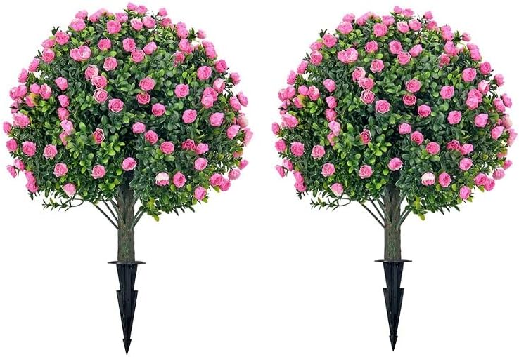 Set of 2 Artificial Boxwood Topiary Ball Trees with Pink Flowers