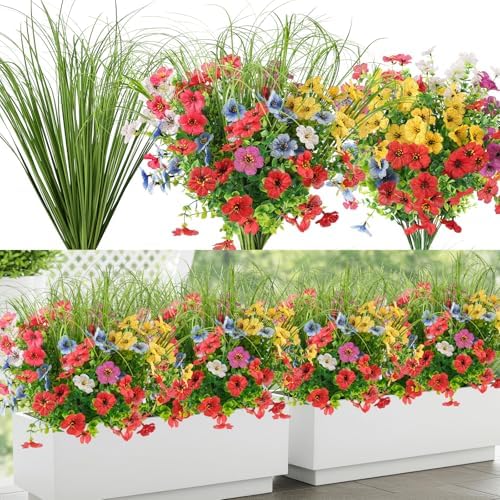 6PCS Artificial Flowers with Fake Grass Outdoor Decor Set