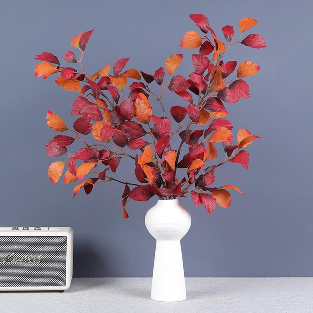 2Pcs Artificial Fall Beech Leaves Stem Red