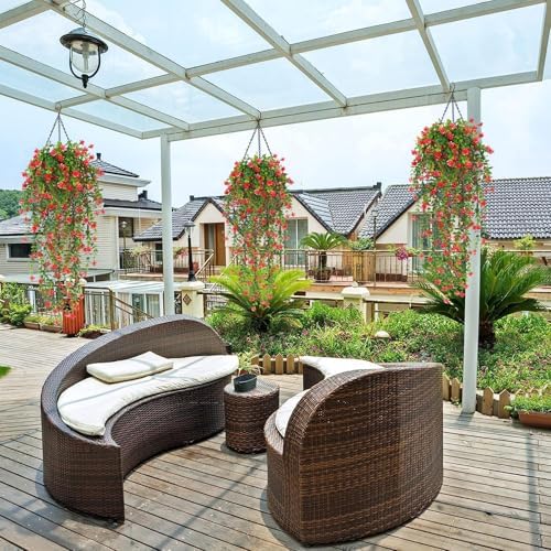 SJL Artificial Hanging Plants 4pcs Red Fake Fern Ivy Decor
