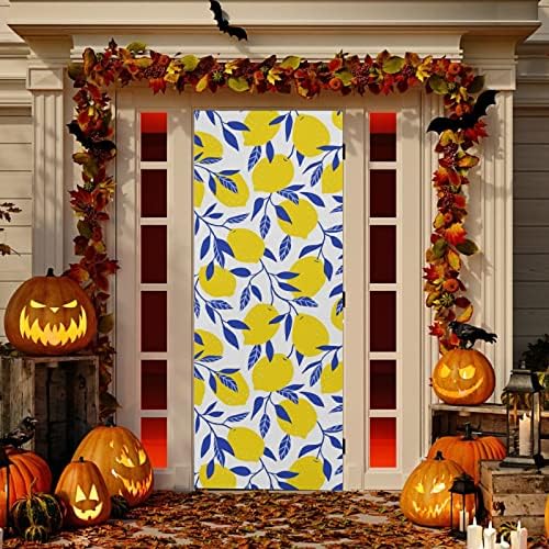 Poeticcity Tropical Yellow Lemons Blue Leaves Door Cover 36x98 Inches