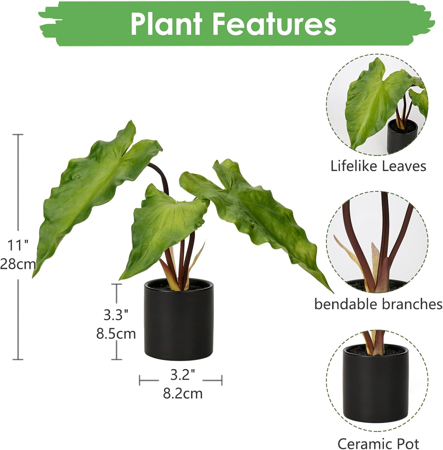 Hollyone Realistic Fake Caladium Plants in Black Ceramic Pots