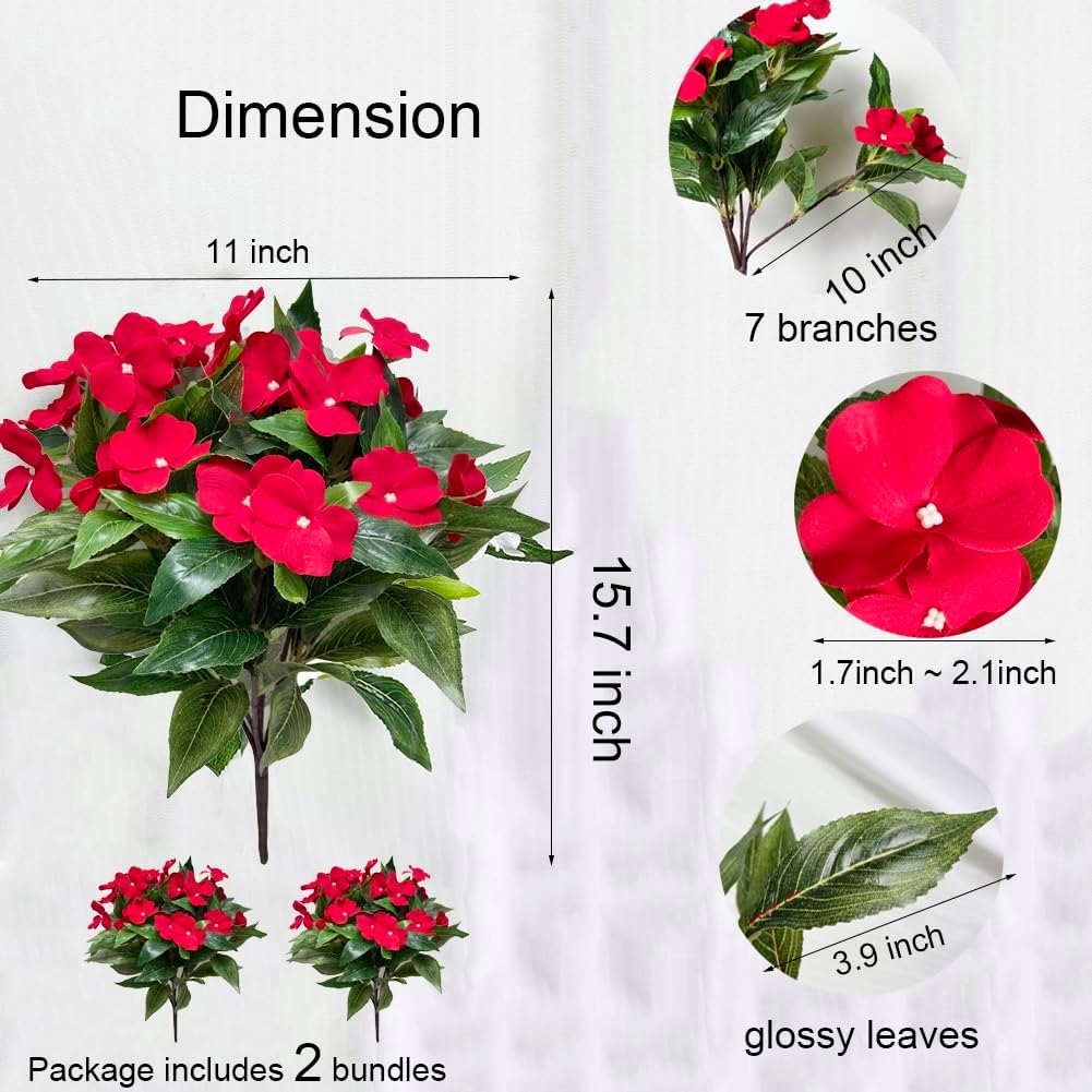 Artificial Impatiens Flowers 2PCS Red Outdoor Indoor Decor