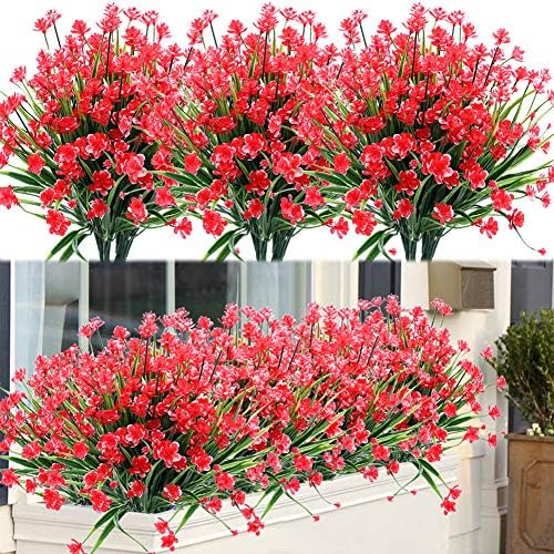 8 Bundles Artificial Fake Flowers UV Resistant Red