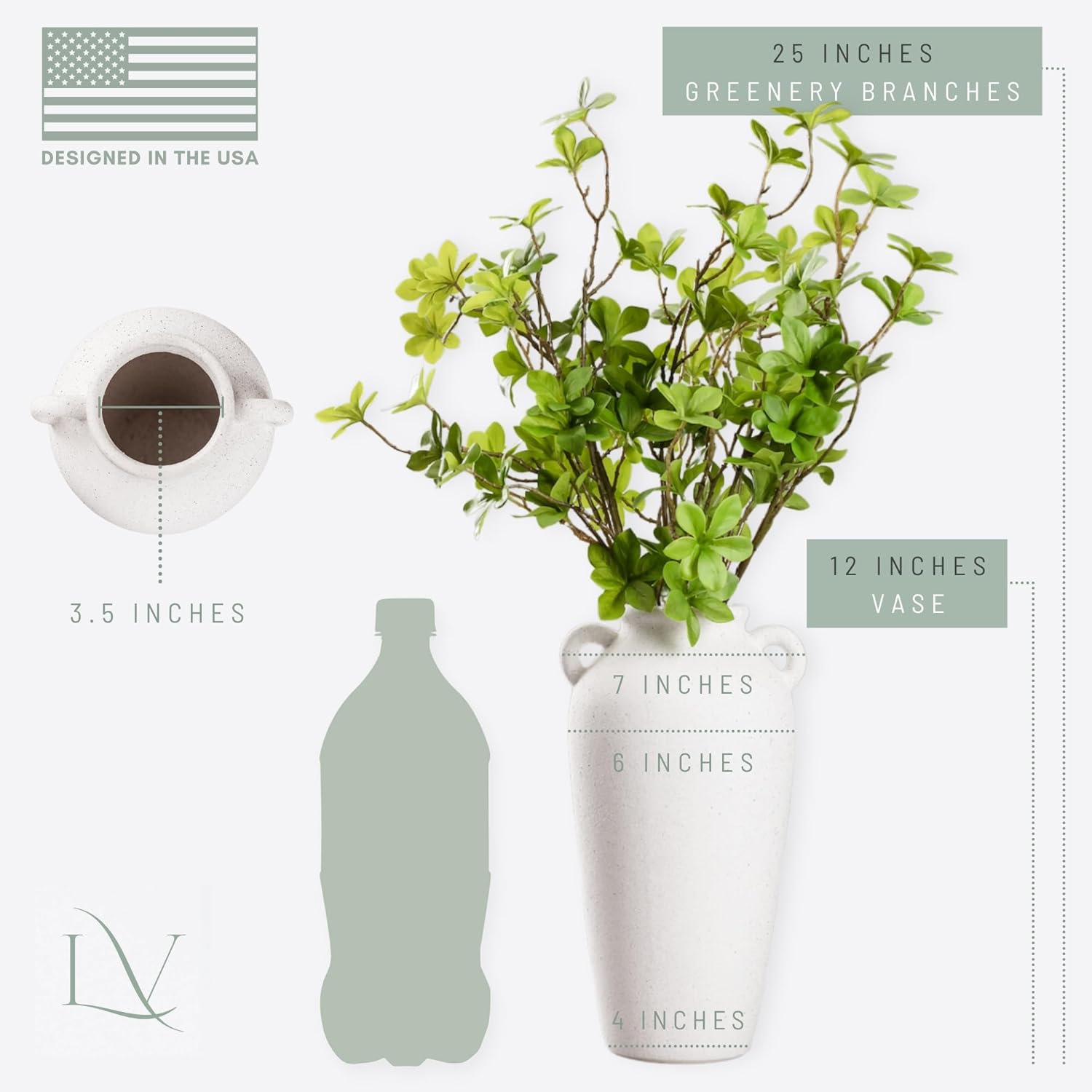 12 Inch White Ceramic Vase with 5 Faux Greenery Branches