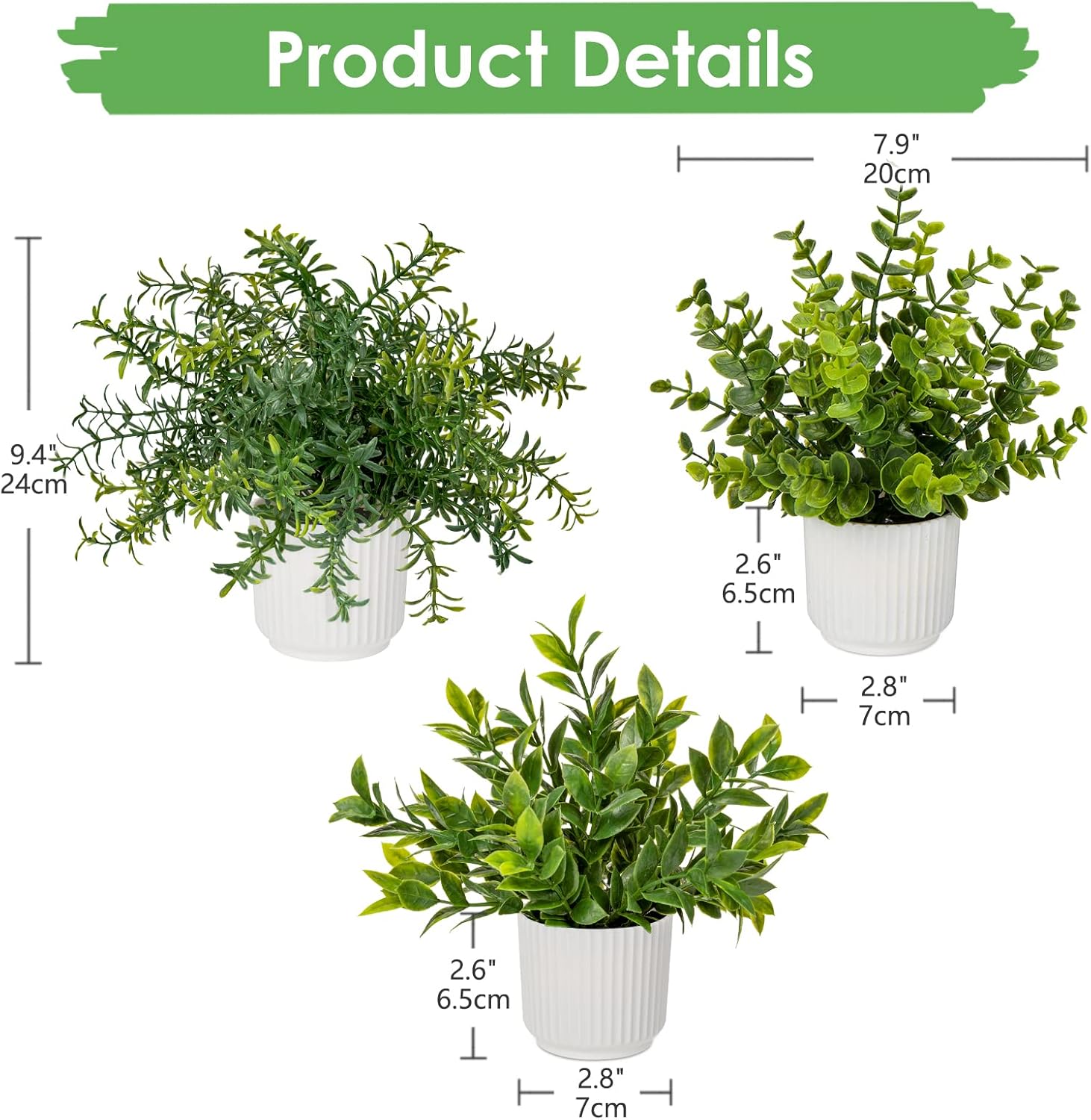 Hollyone 3 Pack Artificial Potted Plants Eucalyptus Rosemary ZZ Plant