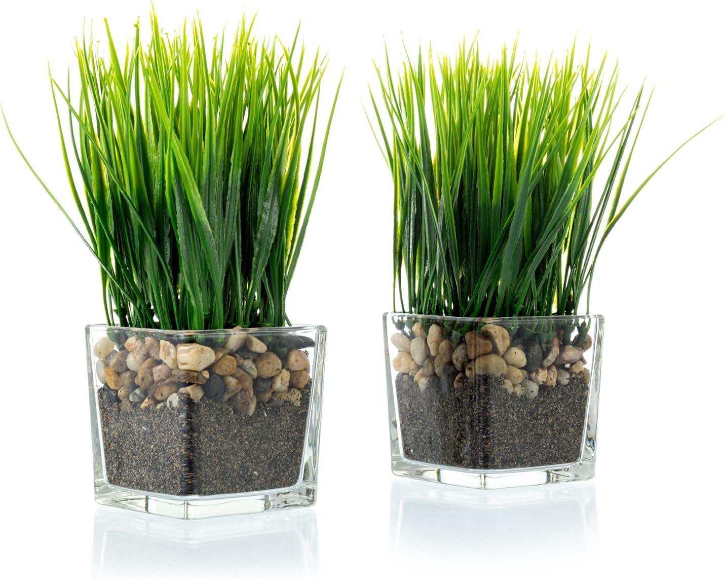 MyGift Artificial Grass Plants in Square Clear Glass Pots Set of 2