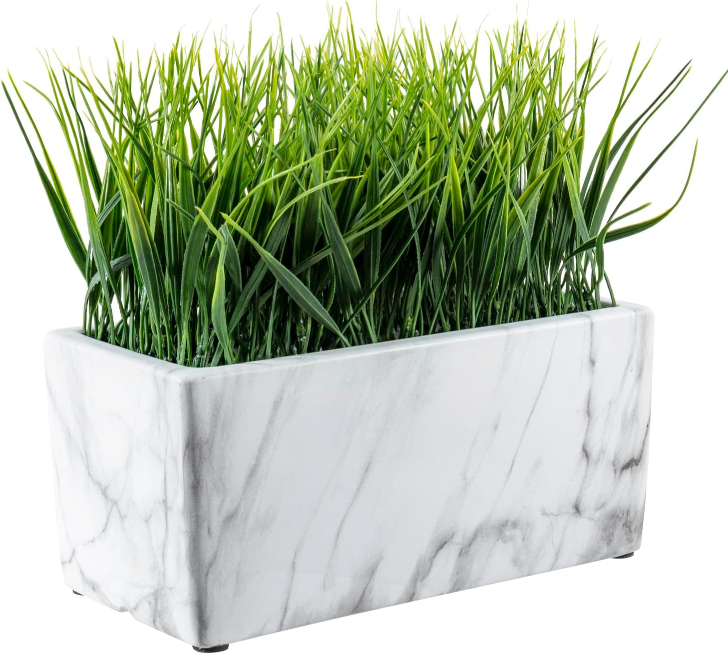 MyGift 10 Inch Artificial Green Grass in White Marble Ceramic Planter