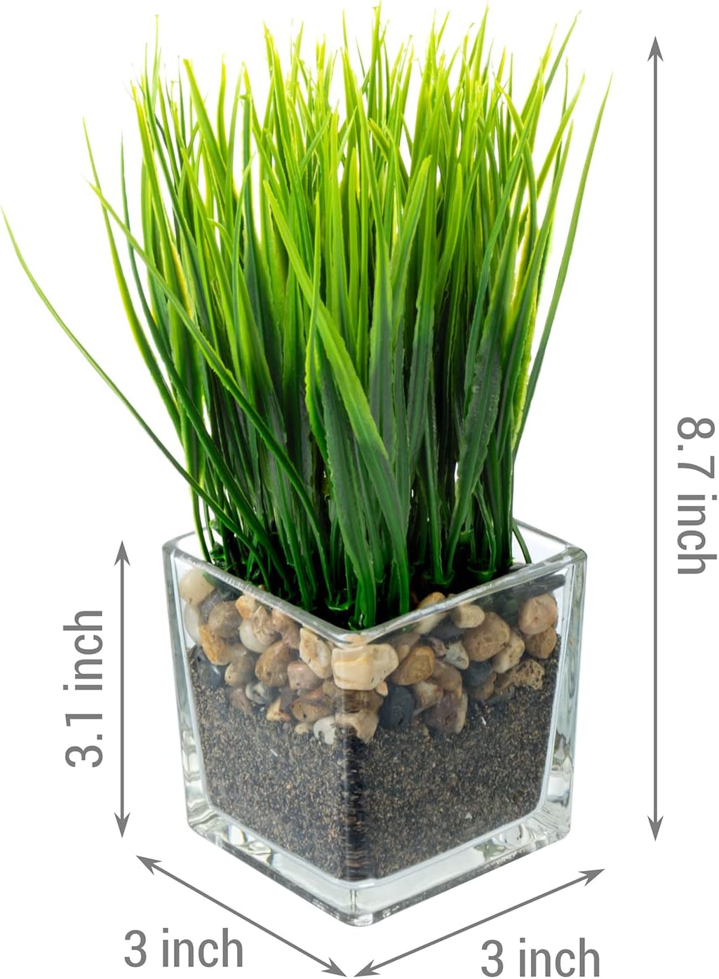 MyGift Artificial Grass Plants in Square Clear Glass Pots Set of 2