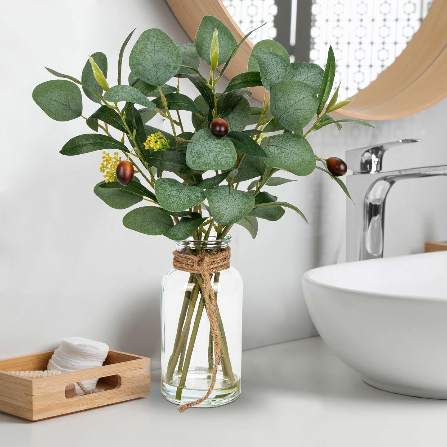 Briful Artificial Eucalyptus Stems in Glass Vase with Faux Water