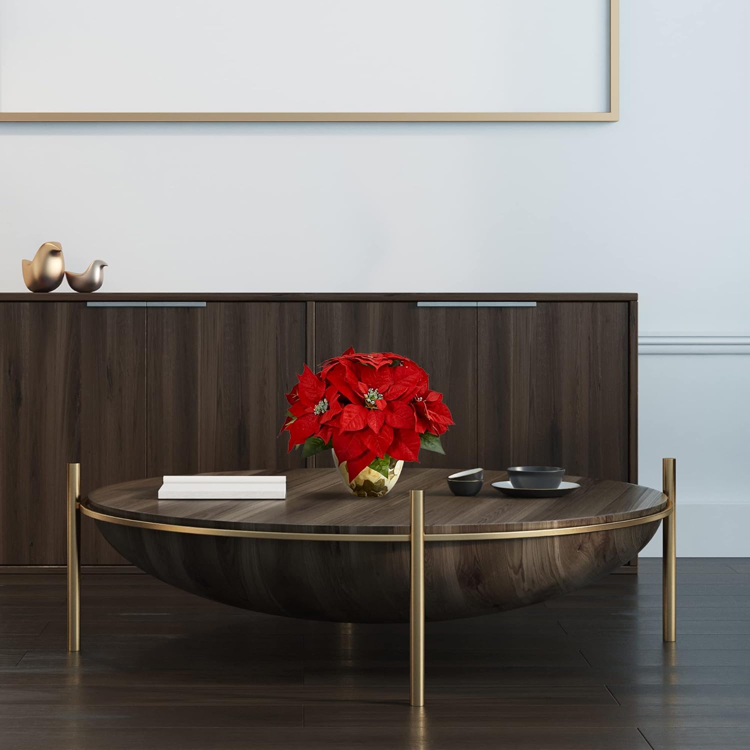 Nearly Natural Poinsettia Artificial Arrangement in Golden Vase 1