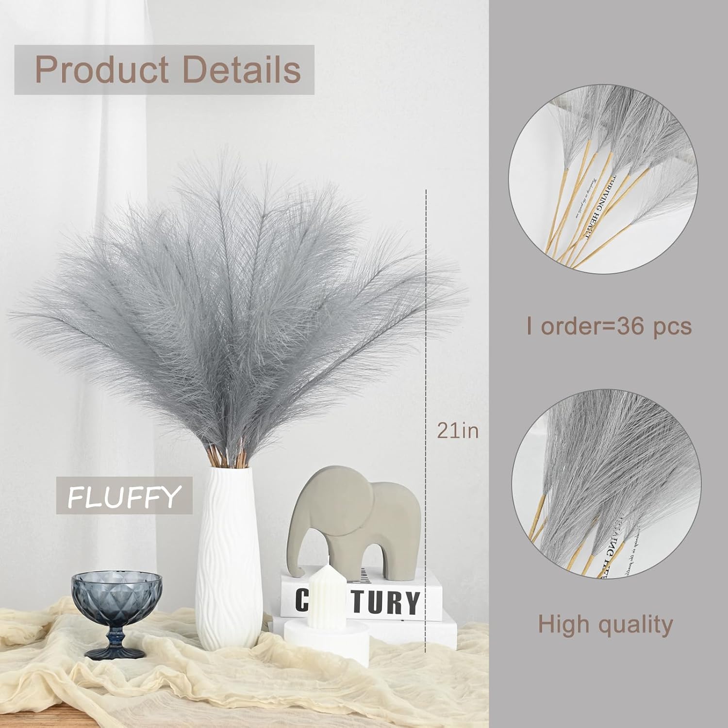U-LIAN 36PCS Grey Faux Pampas Grass for Decor