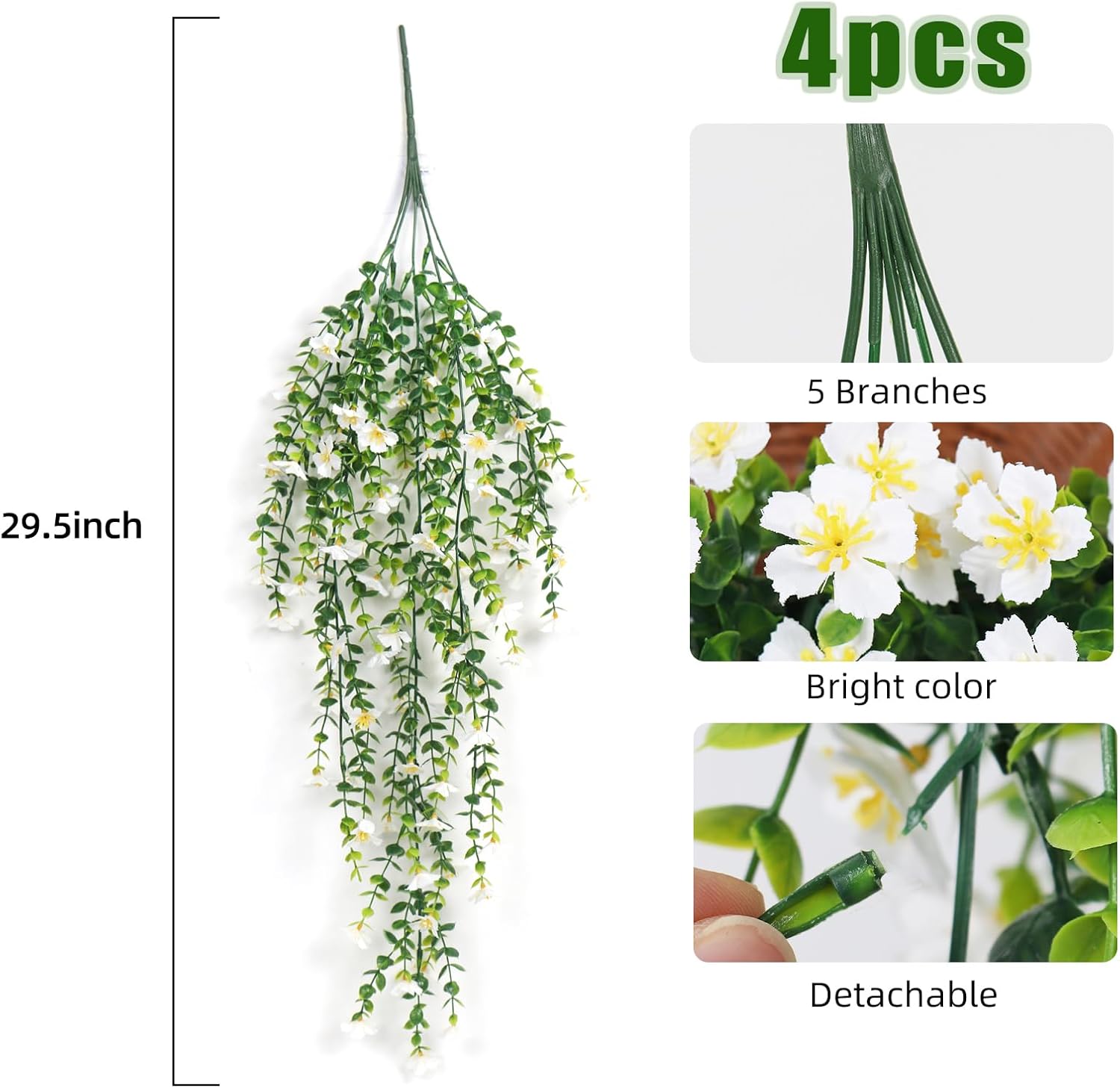 RECUTMS Hanging Artificial Flowers 4Pcs White