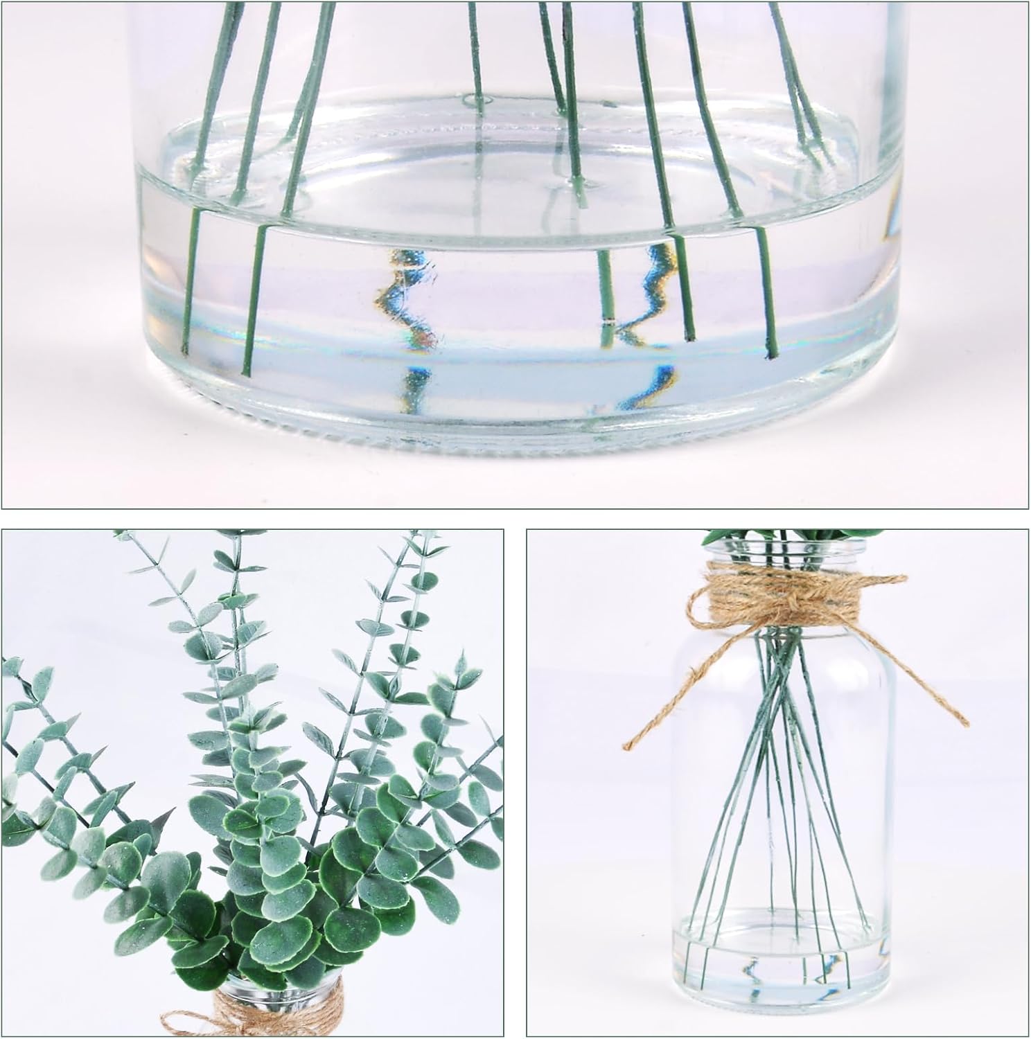 Lovmeety Artificial Eucalyptus Stems with Faux Water in Glass Vase